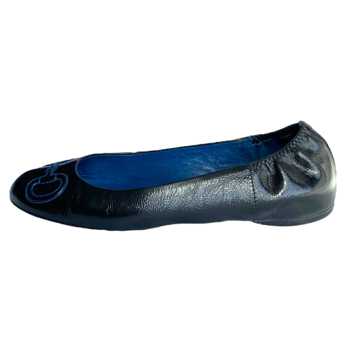 GUCCI Black Patent Leather Navy Horsebit Embroidered Ballet Flats, Size 36.5