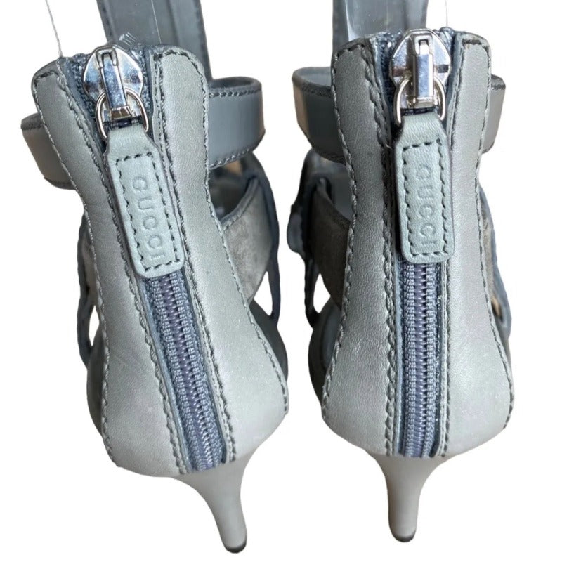 GUCCI Daryl Grey Leather Gladiator Cage Ankle Strap Mid Heel Sandals, Size 36
