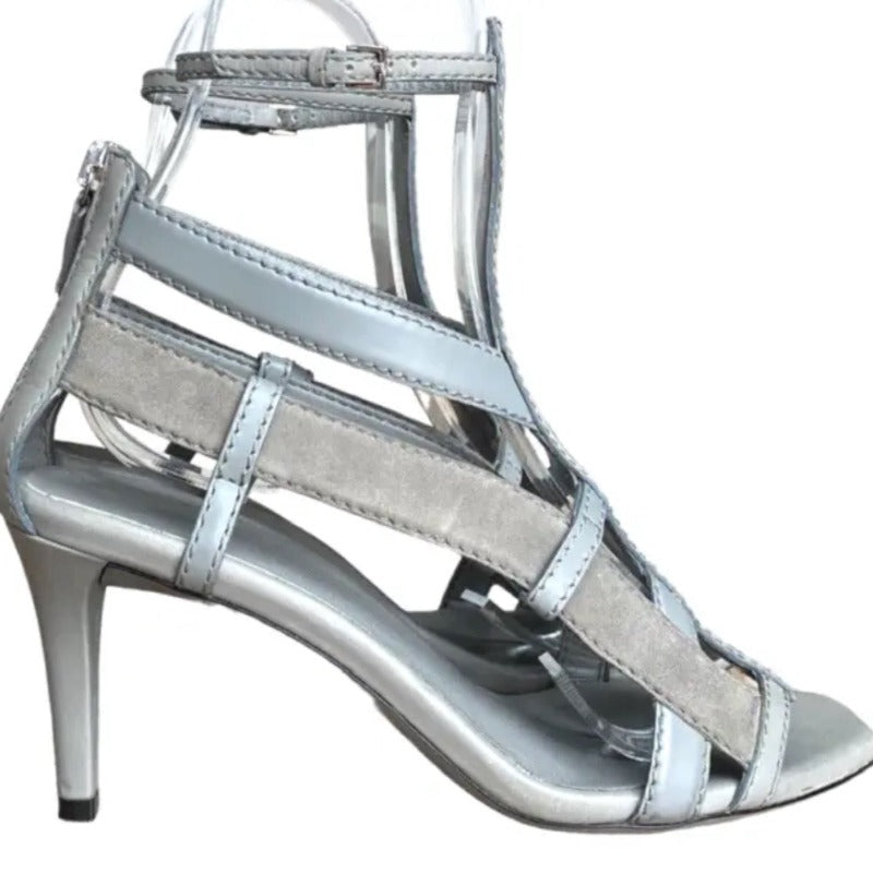 GUCCI Daryl Grey Leather Gladiator Cage Ankle Strap Mid Heel Sandals, Size 36
