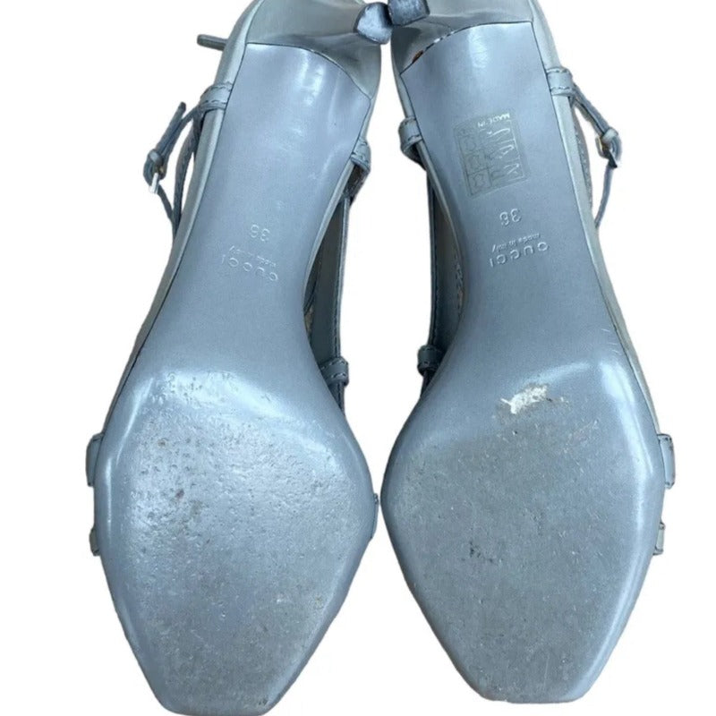 GUCCI Daryl Grey Leather Gladiator Cage Ankle Strap Mid Heel Sandals, Size 36