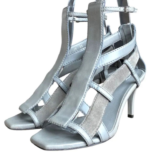 GUCCI Daryl Grey Leather Gladiator Cage Ankle Strap Mid Heel Sandals, Size 36