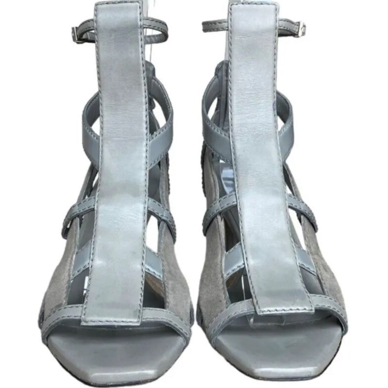 GUCCI Daryl Grey Leather Gladiator Cage Ankle Strap Mid Heel Sandals, Size 36