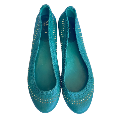 GUCCI Green Leather Gold Studded Ballet Flats, Size 35.5