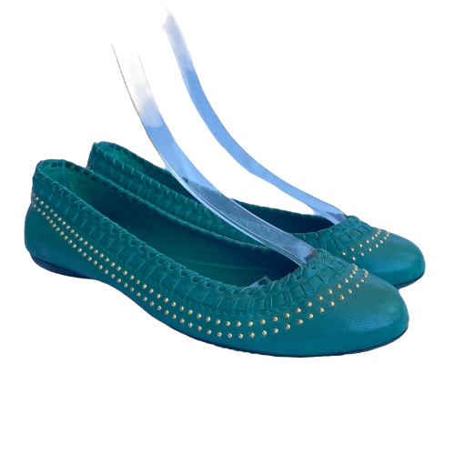 GUCCI Green Leather Gold Studded Ballet Flats, Size 35.5