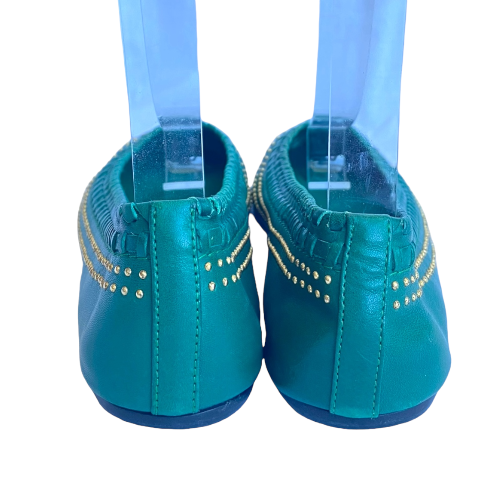 GUCCI Green Leather Gold Studded Ballet Flats, Size 35.5