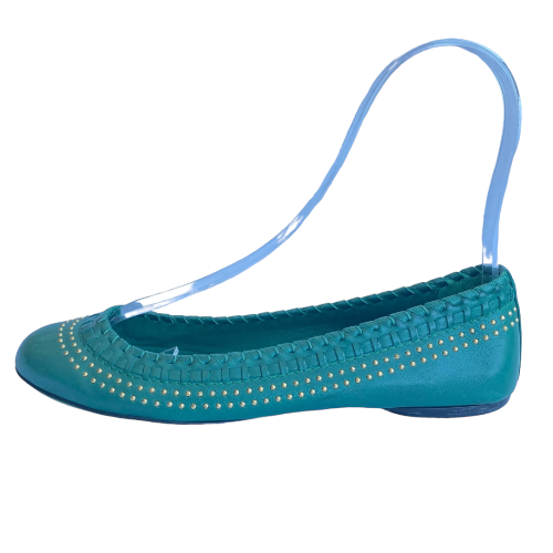 GUCCI Green Leather Gold Studded Ballet Flats, Size 35.5