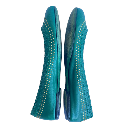 GUCCI Green Leather Gold Studded Ballet Flats, Size 35.5