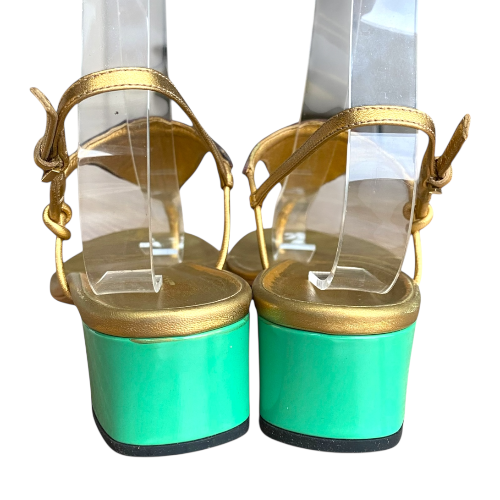 GUCCI Metallic Gold Leather, Green Patent Block Heel Thong Sandals, 38