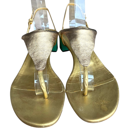GUCCI Metallic Gold Leather, Green Patent Block Heel Thong Sandals, 38
