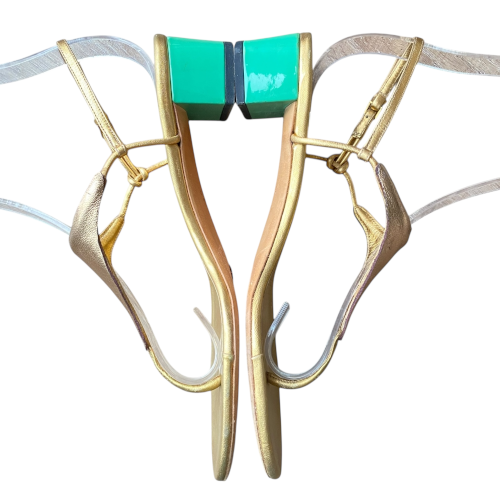 GUCCI Metallic Gold Leather, Green Patent Block Heel Thong Sandals, 38