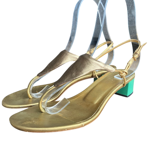 GUCCI Metallic Gold Leather, Green Patent Block Heel Thong Sandals, 38