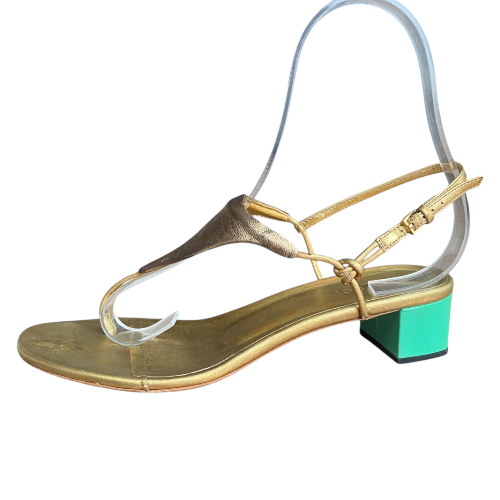 GUCCI Metallic Gold Leather, Green Patent Block Heel Thong Sandals, 38