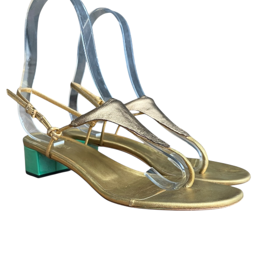 GUCCI Metallic Gold Leather, Green Patent Block Heel Thong Sandals, 38