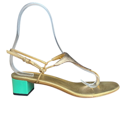 GUCCI Metallic Gold Leather, Green Patent Block Heel Thong Sandals, 38