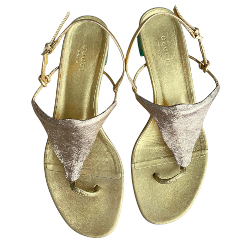 GUCCI Metallic Gold Leather, Green Patent Block Heel Thong Sandals, 38