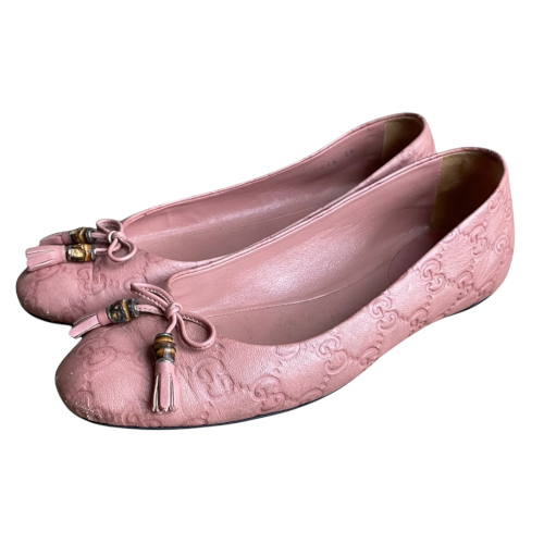 GUCCI Pink Leather GG Monogram Bamboo Tassel Ballet Flats, Size 36