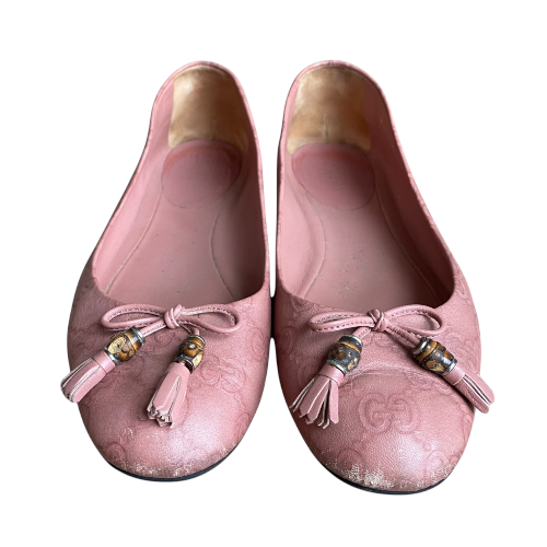 GUCCI Pink Leather GG Monogram Bamboo Tassel Ballet Flats, Size 36
