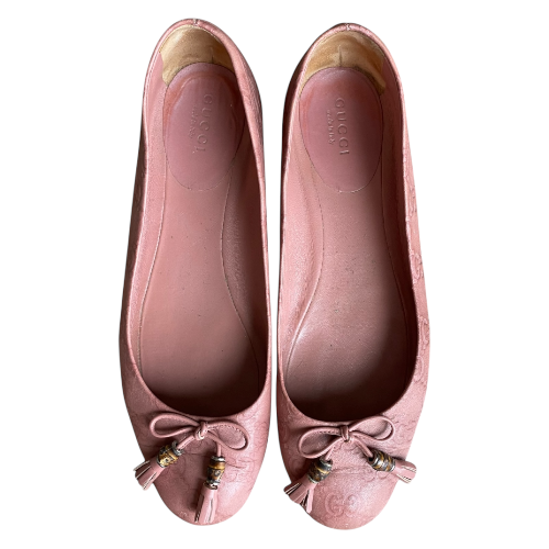 GUCCI Pink Leather GG Monogram Bamboo Tassel Ballet Flats, Size 36