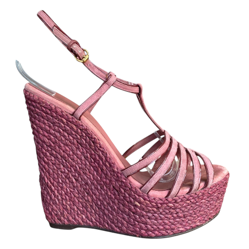 GUCCI Pink Suede Strappy Espadrille Wedge Sandals, Size 38