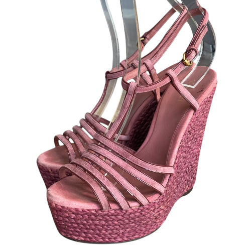 GUCCI Pink Suede Strappy Espadrille Wedge Sandals, Size 38