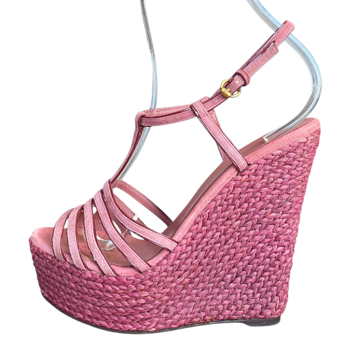 GUCCI Pink Suede Strappy Espadrille Wedge Sandals, Size 38