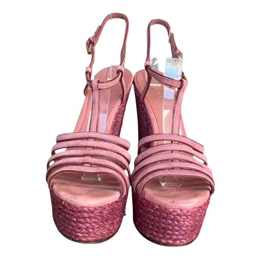 GUCCI Pink Suede Strappy Espadrille Wedge Sandals, Size 38