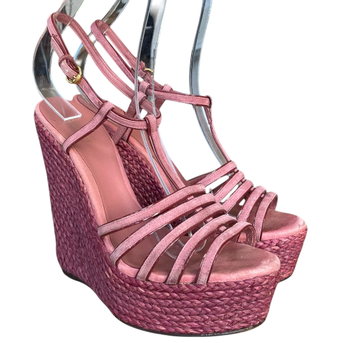 GUCCI Pink Suede Strappy Espadrille Wedge Sandals, Size 38