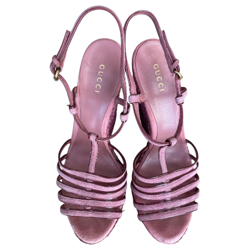 GUCCI Pink Suede Strappy Espadrille Wedge Sandals, Size 38
