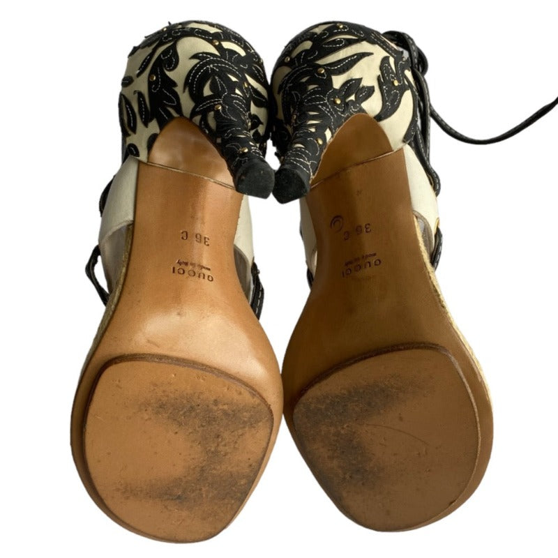 GUCCI White/Black Leather Floral Applique Thong Ankle Wrap Sandals, Size 36