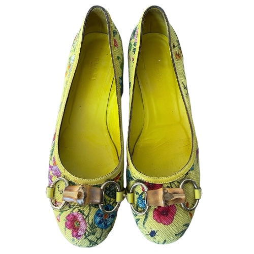 GUCCI Yellow Flora Canvas, Leather Trim, Bamboo Buckle Ballet Flats, Size 38