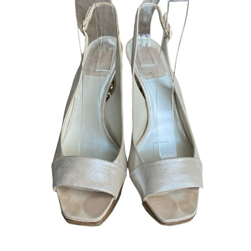 CHRISTIAN DIOR Pearly Beige Nubuck Geometric Gold Heel Slingback Pumps, Size 39