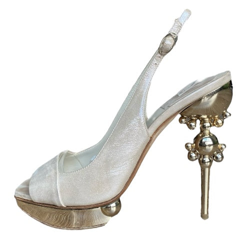 CHRISTIAN DIOR Pearly Beige Nubuck Geometric Gold Heel Slingback Pumps, Size 39