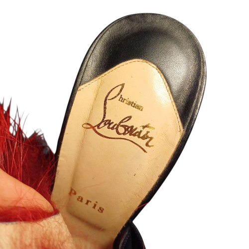 CHRISTIAN LOUBOUTIN Black Leather & Splash Fur Peep Toe Platform Pumps, Size 41