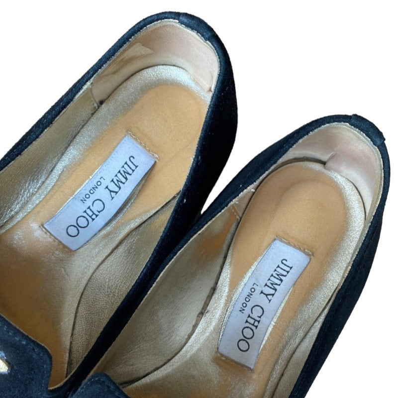 JIMMY CHOO Black Wheel Suede Gold Wing Buckle Loafer, Size 36