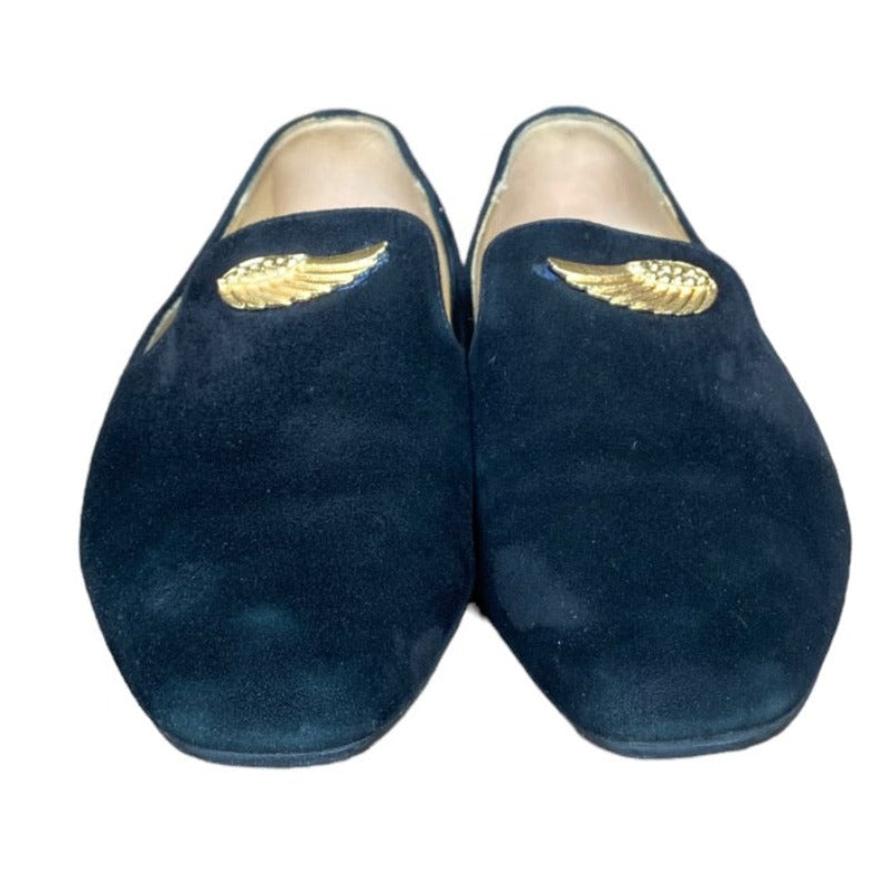 JIMMY CHOO Black Wheel Suede Gold Wing Buckle Loafer, Size 36