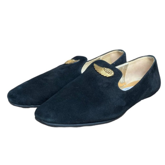 JIMMY CHOO Black Wheel Suede Gold Wing Buckle Loafer, Size 36