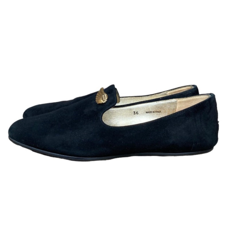 JIMMY CHOO Black Wheel Suede Gold Wing Buckle Loafer, Size 36
