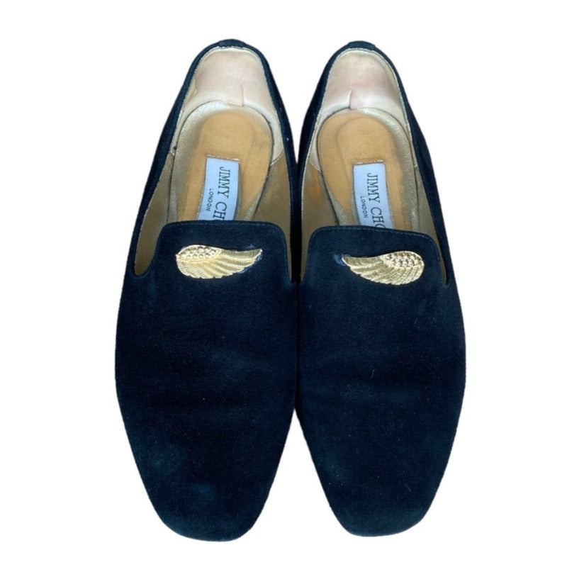 JIMMY CHOO Black Wheel Suede Gold Wing Buckle Loafer, Size 36