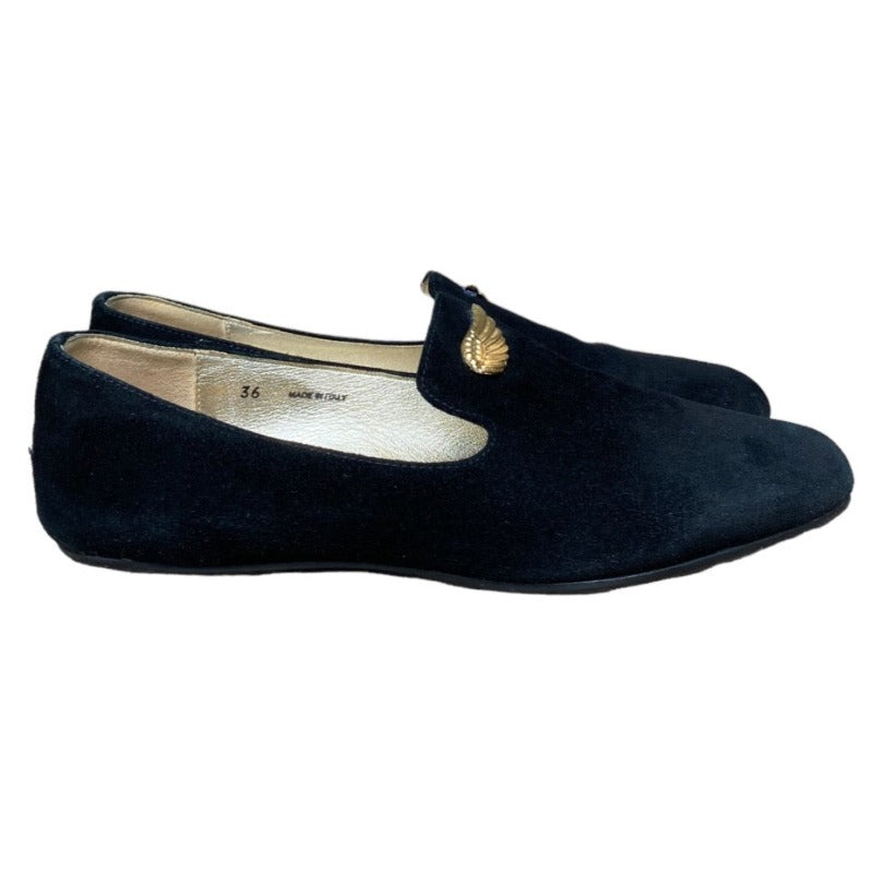JIMMY CHOO Black Wheel Suede Gold Wing Buckle Loafer, Size 36