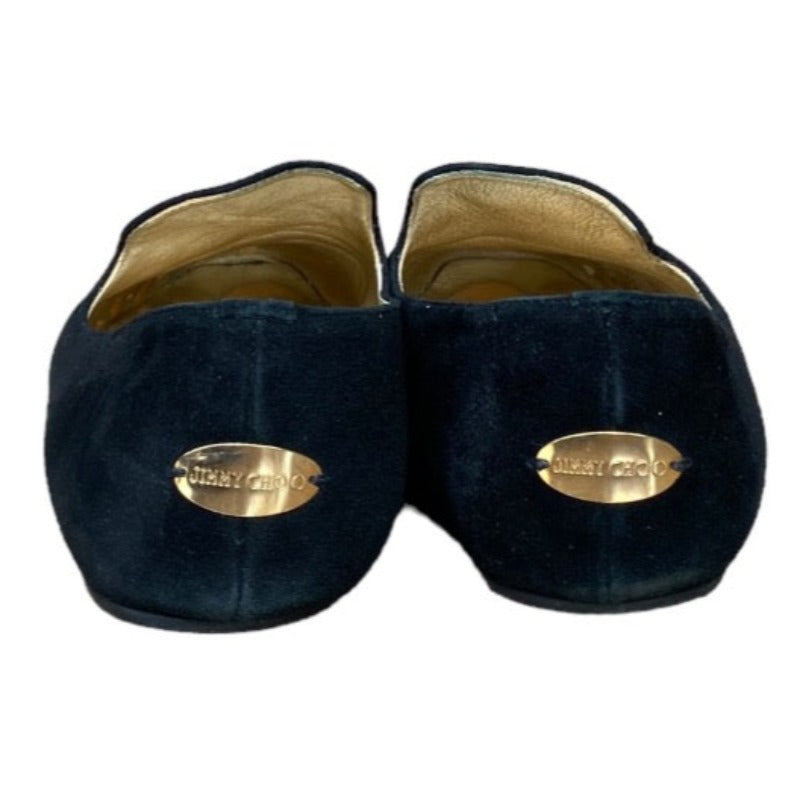 JIMMY CHOO Black Wheel Suede Gold Wing Buckle Loafer, Size 36