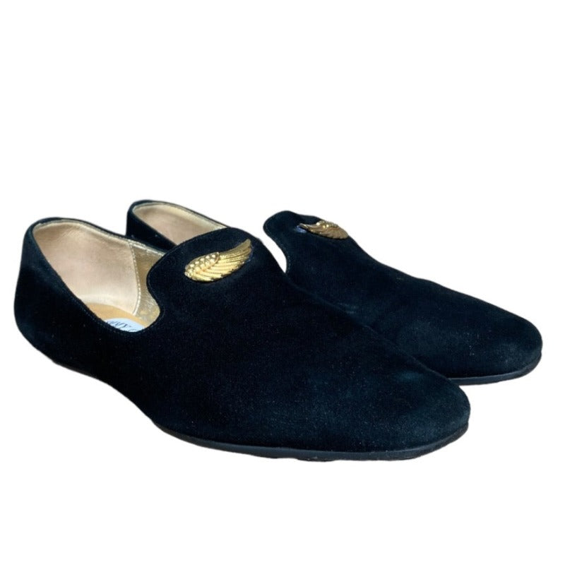 JIMMY CHOO Black Wheel Suede Gold Wing Buckle Loafer, Size 36