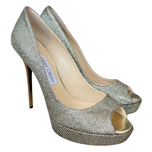 JIMMY CHOO Dahlia Gold/Silver Glitter Fabric Platform Pumps Size 38.5