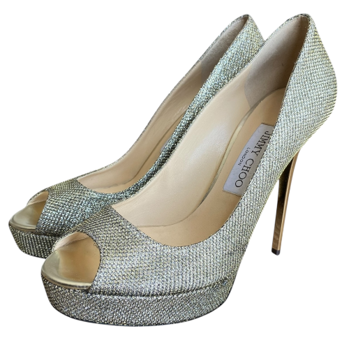 JIMMY CHOO Dahlia Gold/Silver Glitter Fabric Platform Pumps Size 38.5