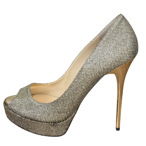 JIMMY CHOO Dahlia Gold/Silver Glitter Fabric Platform Pumps Size 38.5