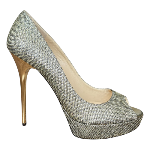 JIMMY CHOO Dahlia Gold/Silver Glitter Fabric Platform Pumps Size 38.5