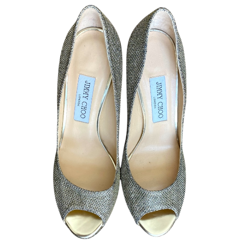 JIMMY CHOO Dahlia Gold/Silver Glitter Fabric Platform Pumps Size 38.5