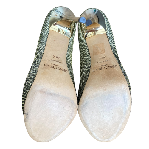 JIMMY CHOO Dahlia Gold/Silver Glitter Fabric Platform Pumps Size 38.5