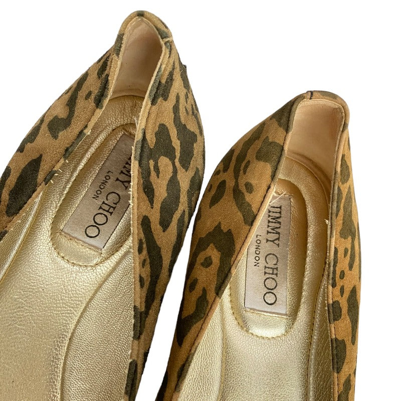 JIMMY CHOO Leopard Print Suede, Patent Leather Cap Toe Flat Ballet Shoes, 38.5