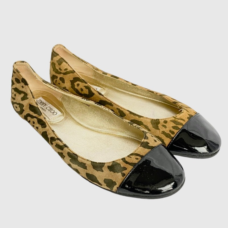 JIMMY CHOO Leopard Print Suede, Patent Leather Cap Toe Flat Ballet Shoes, 38.5