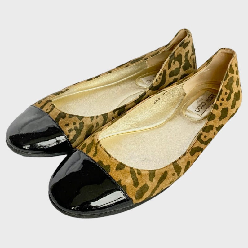 JIMMY CHOO Leopard Print Suede, Patent Leather Cap Toe Flat Ballet Shoes, 38.5